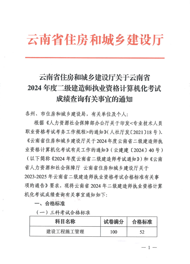 关于云南省2024年度二级建造师考试成绩查询通知及合格标准